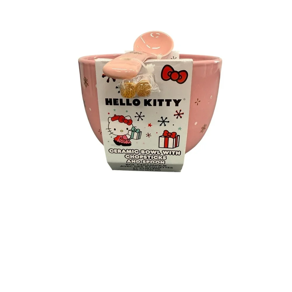 Hello Kitty Christmas Pink Ramen Noodle Ceramic Bowl W/chopsticks & Spoon‎ NEW
